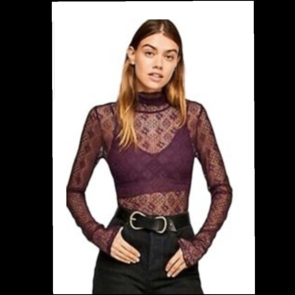 Free People Women's Sheer Pattern Top Turtleneck